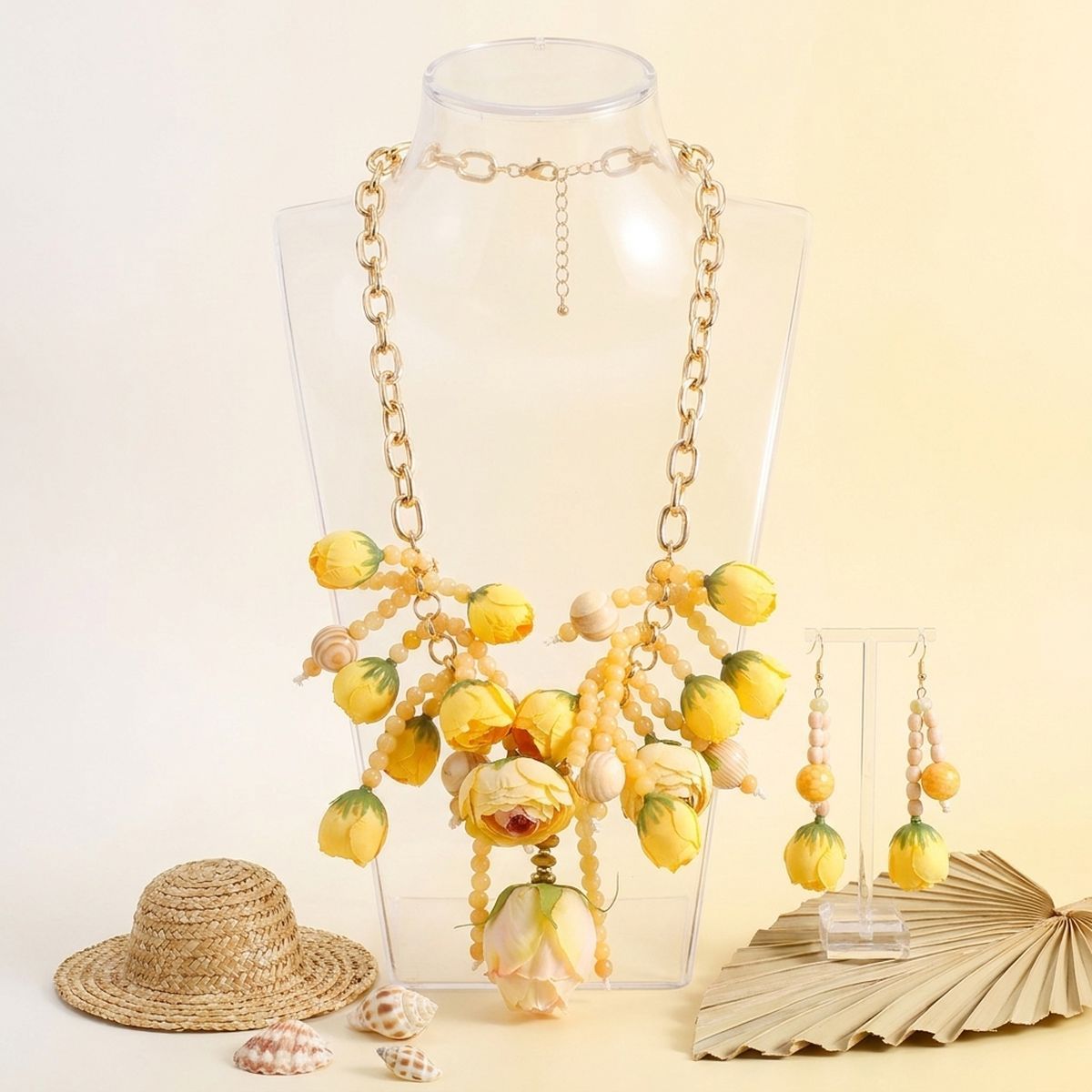Yellow Floral Garden Fringe Tassel Bib Necklace & Earring Set