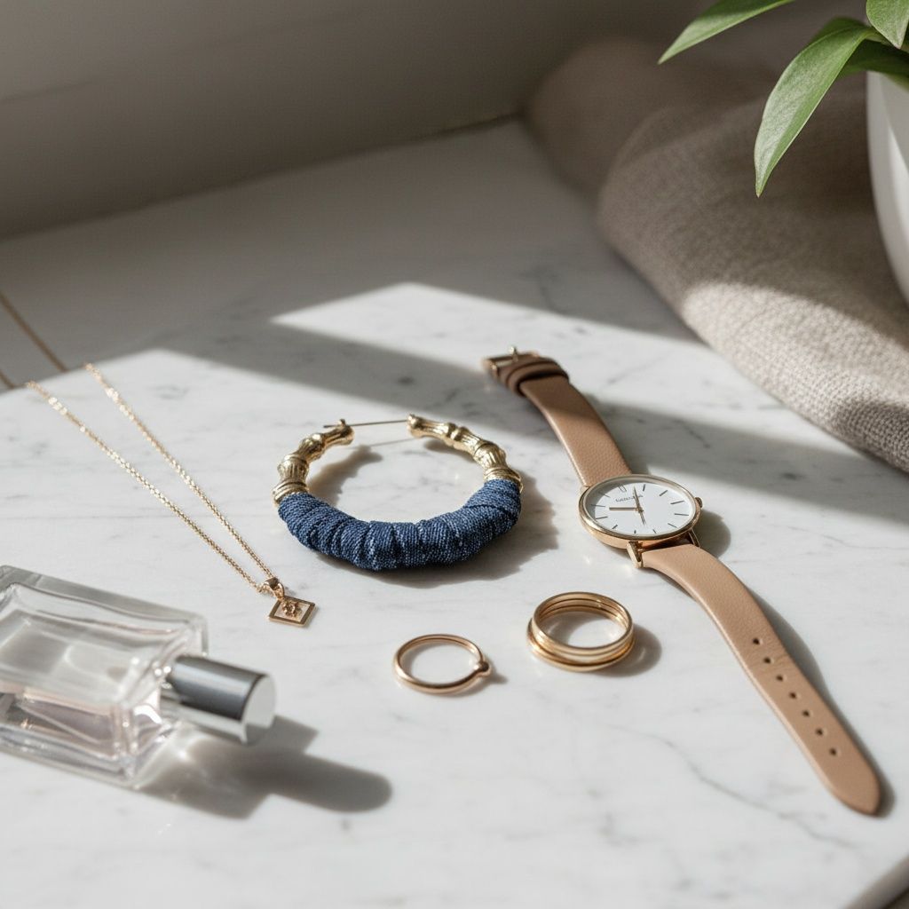 Gold Bamboo Hoop Earrings with Denim Wrap Accent