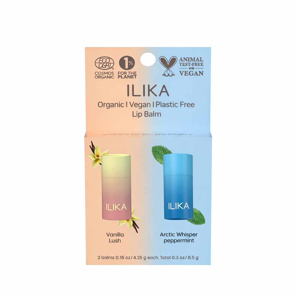 ILIKA 100% Natural Lip Balm - Organic, Plastic-free, Vegan, Cruelty-Free, Vitamin E, COSMOS Certified, PETA Certified, 2-Pack All-Day Moisture, 0.15 oz each