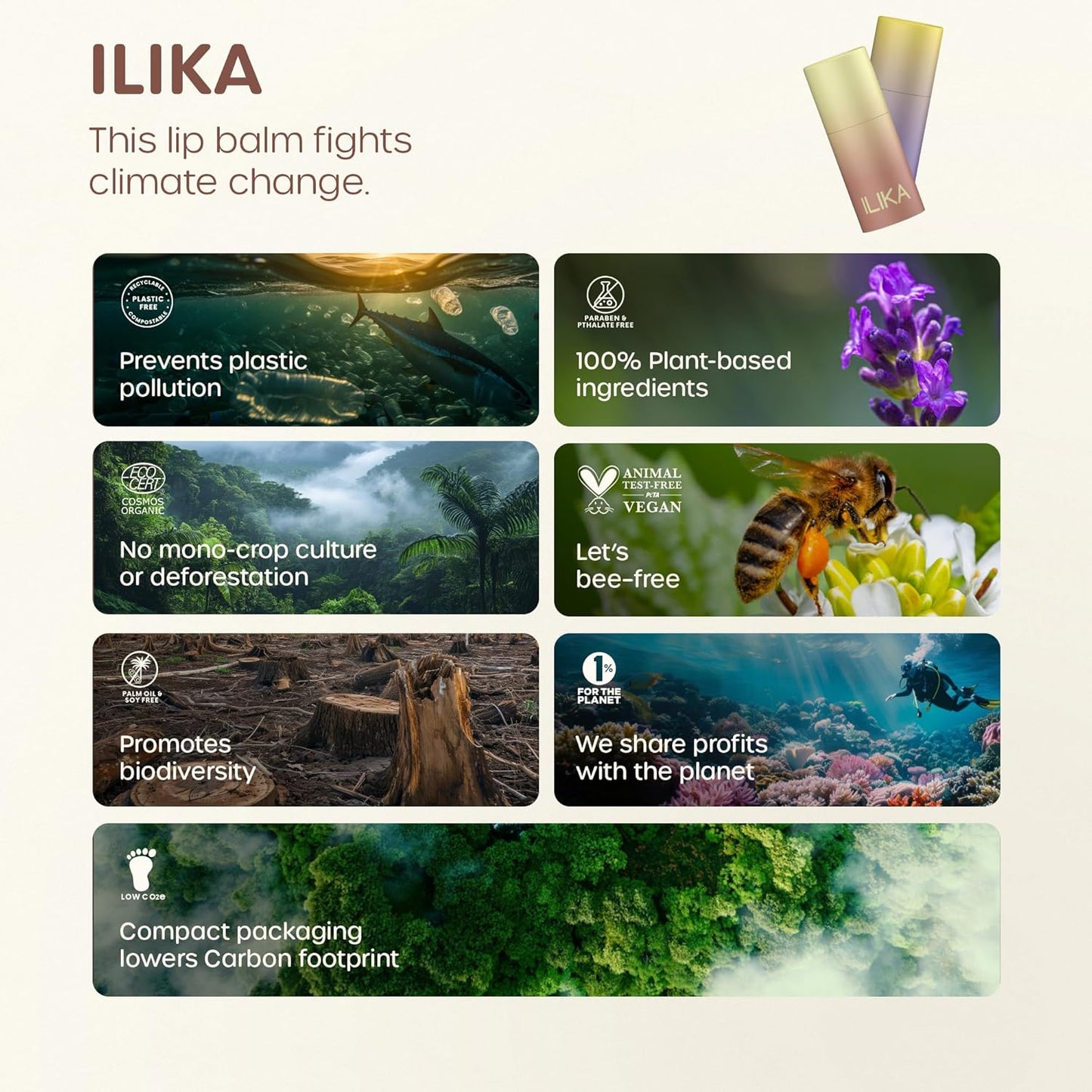 ILIKA 100% Natural Lip Balm - Organic, Plastic-free, Vegan, Cruelty-Free, Vitamin E, COSMOS Certified, PETA Certified, 2-Pack All-Day Moisture, 0.15 oz each