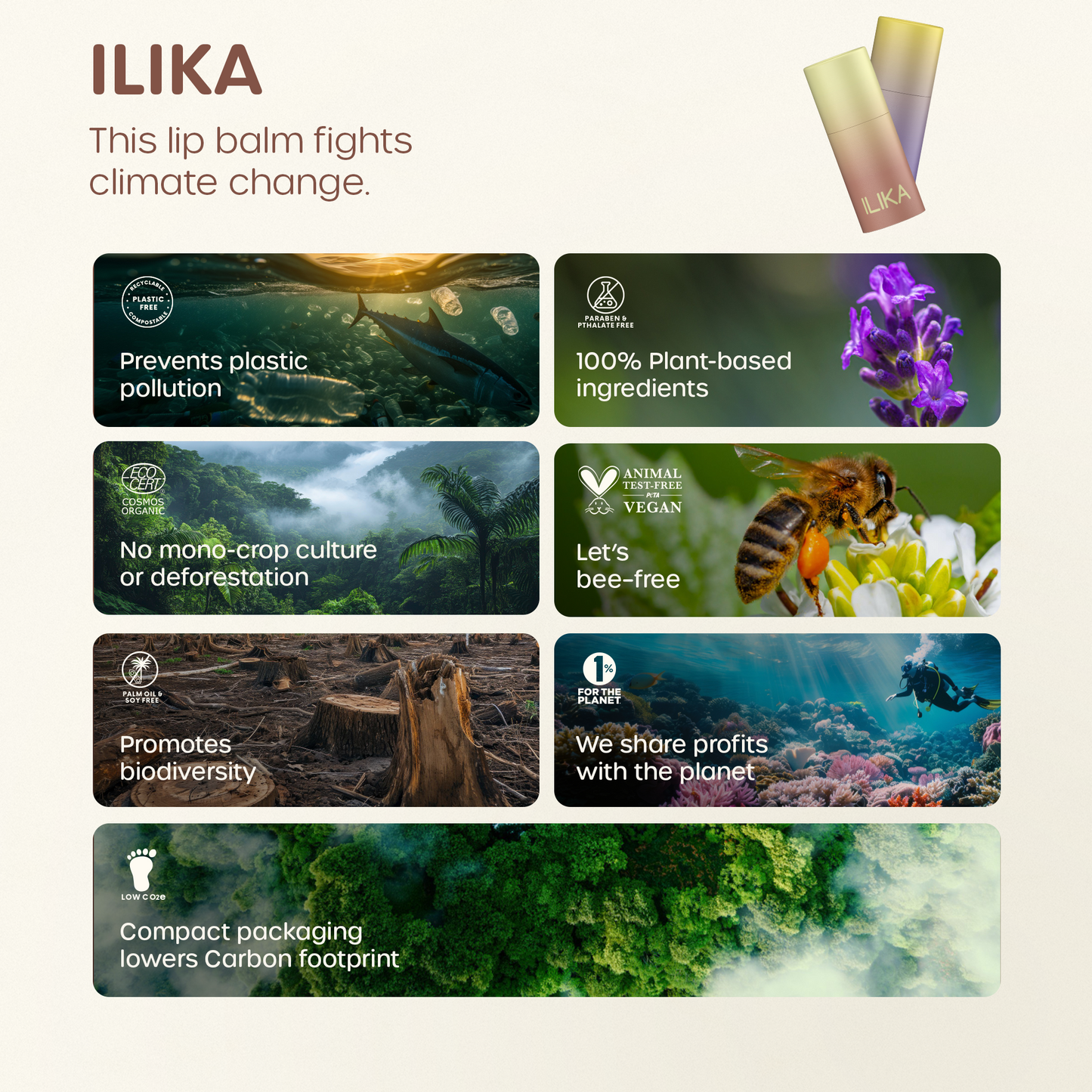 ILIKA 100% Natural Lip Balm - Organic, Plastic-free, Vegan, Cruelty-Free, Vitamin E, COSMOS Organic & PETA Certified Vegan, 4-Pack Unscented, All-Day Moisture, 0.15 oz each