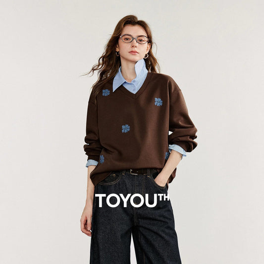 TOYOUTH Women Sweatshirt 2025 Autumn New Denim Flower Embroidery Fake Two Piece Splicing Turn Down Collar Cotton Casual Pullover