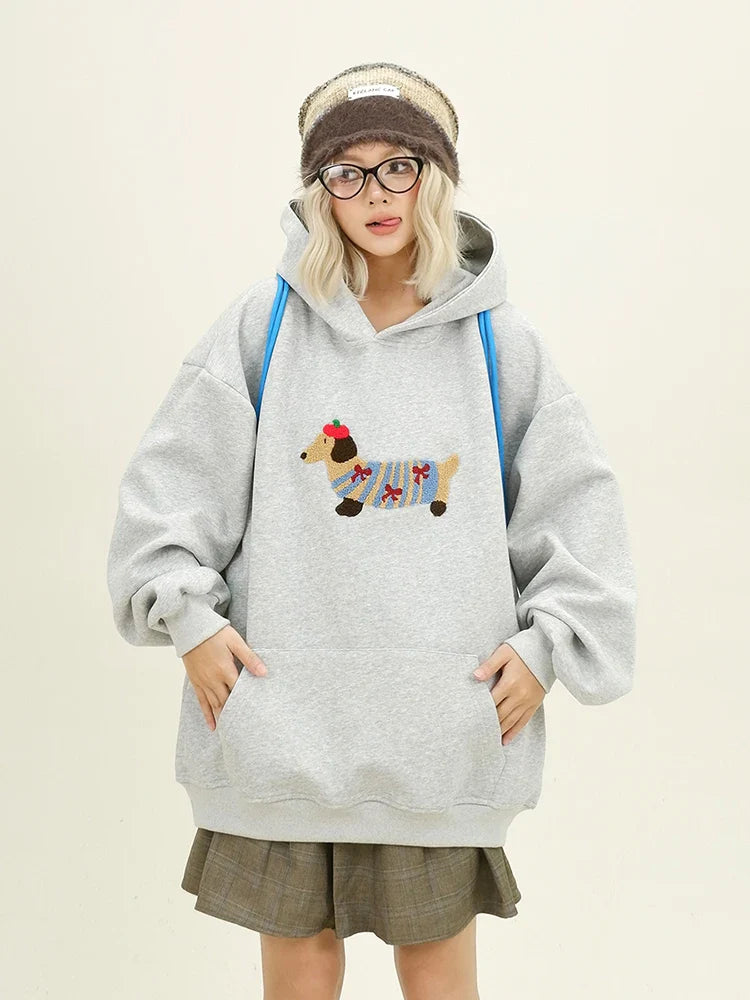 Women Sweatshirt Streetwear Couples Tops Casual Loose Hoodie Autumn Winter Cartoon Dog Embroidery Hooded Pullover
