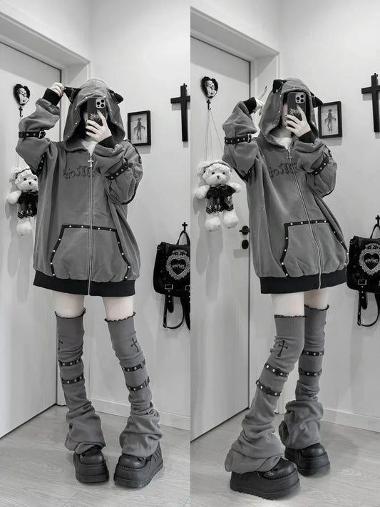 Streetwear Harajuku Hoodies Jackets Women's Clothing Hooded Punk Zipper Coat Japanese Rivet Print Vintage Casual Y2k Sweatshirts