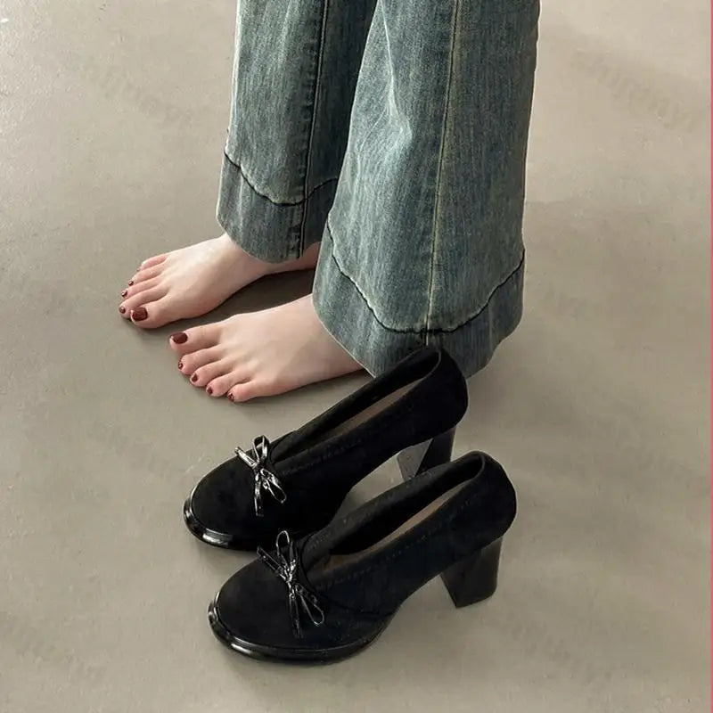Women's High Heels 2025 Spring Autumn New Vintage Fashion Bow Knot Party Chunky Heels Outdoor Non Slip Luxury Mary Jane Shoes
