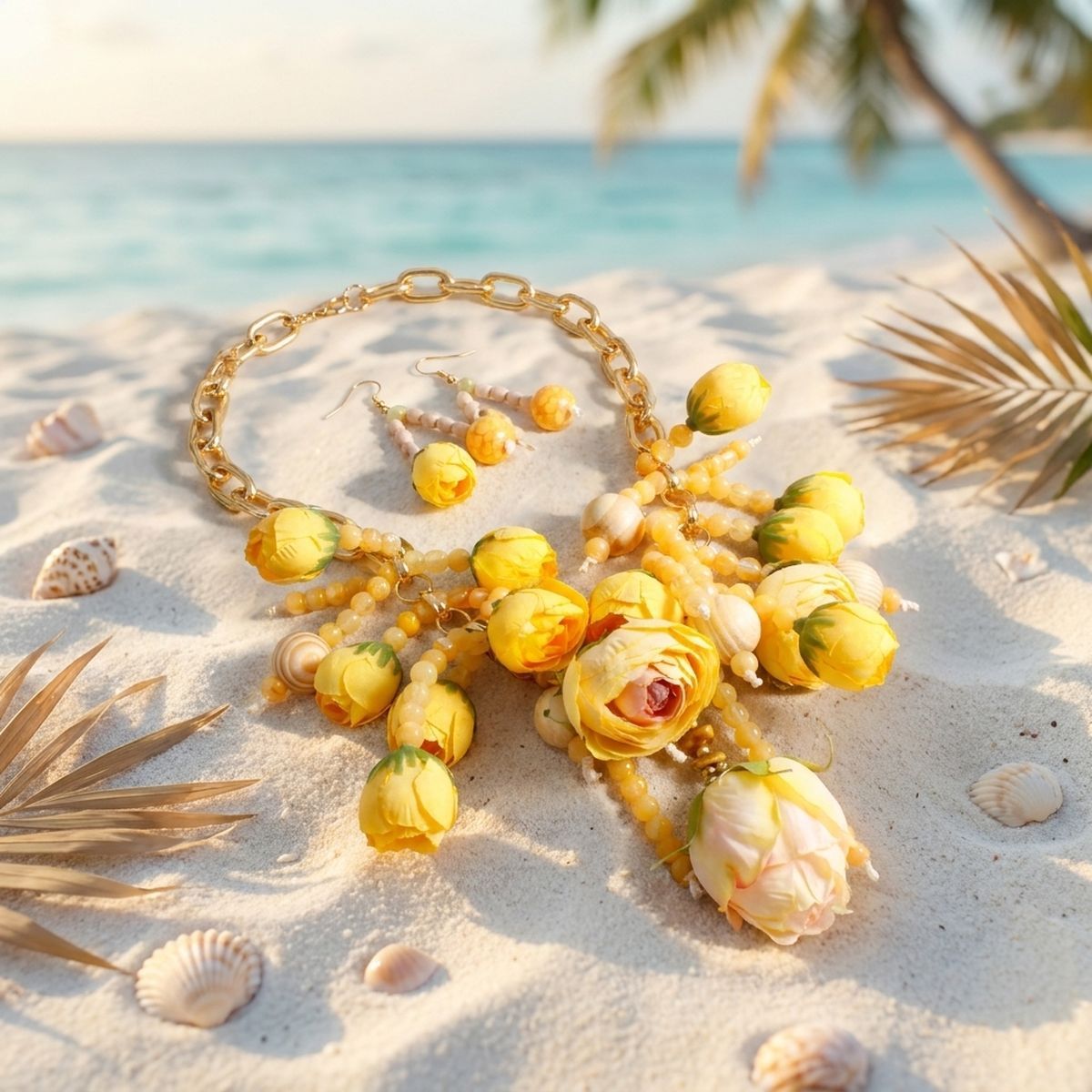 Yellow Floral Garden Fringe Tassel Bib Necklace & Earring Set