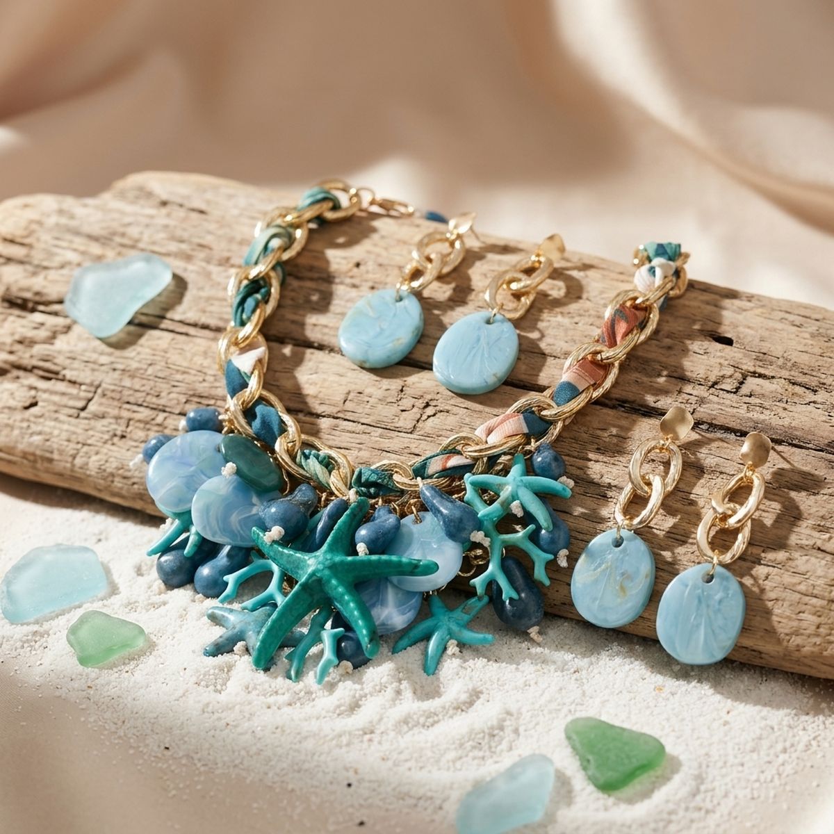 Turquoise Coral Starfish Bib Necklace Set