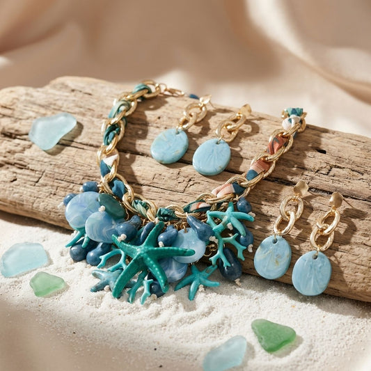 Turquoise Coral Starfish Bib Necklace Set