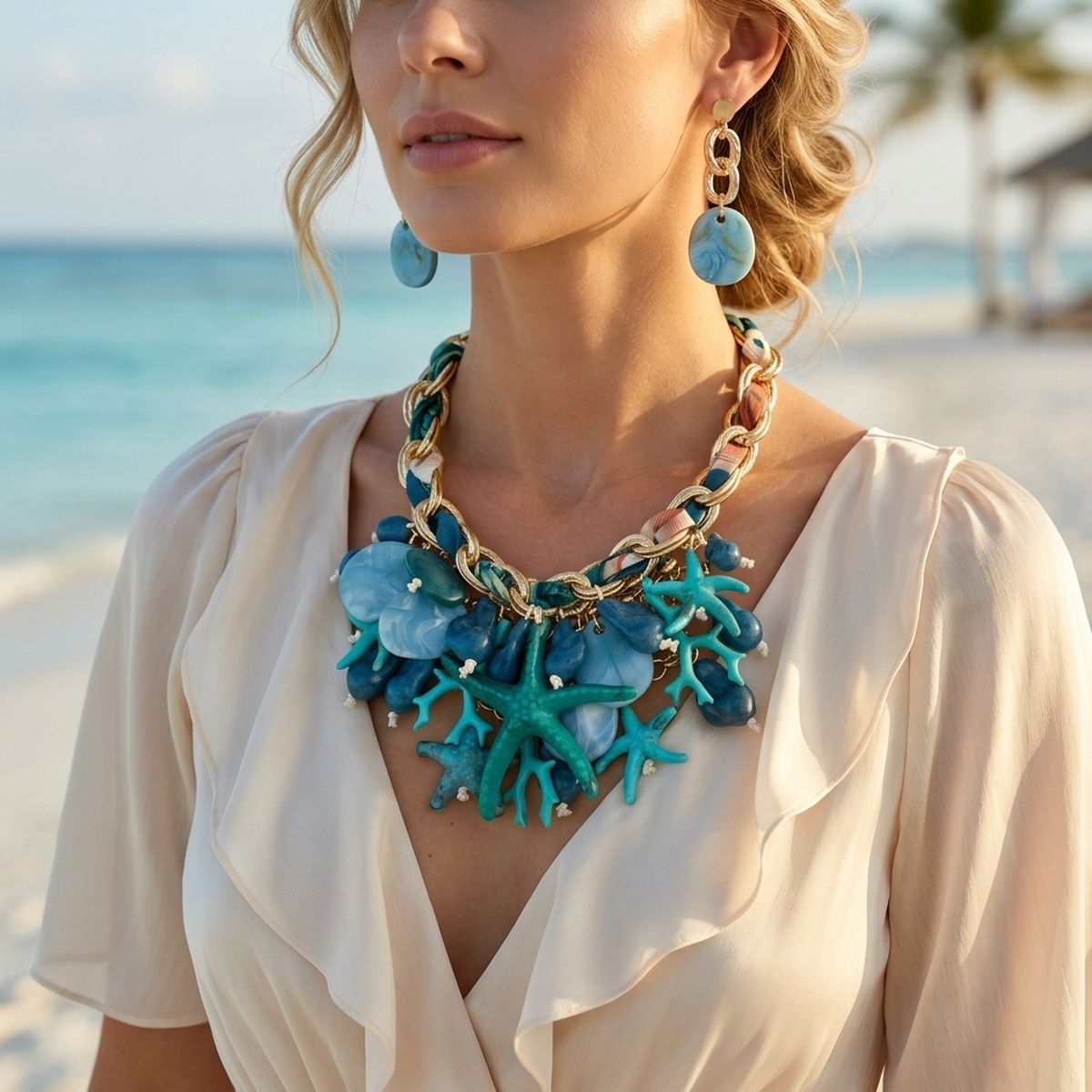Turquoise Coral Starfish Bib Necklace Set