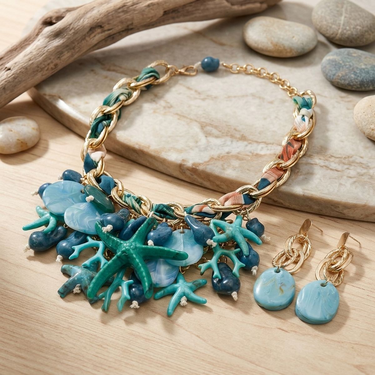 Turquoise Coral Starfish Bib Necklace Set