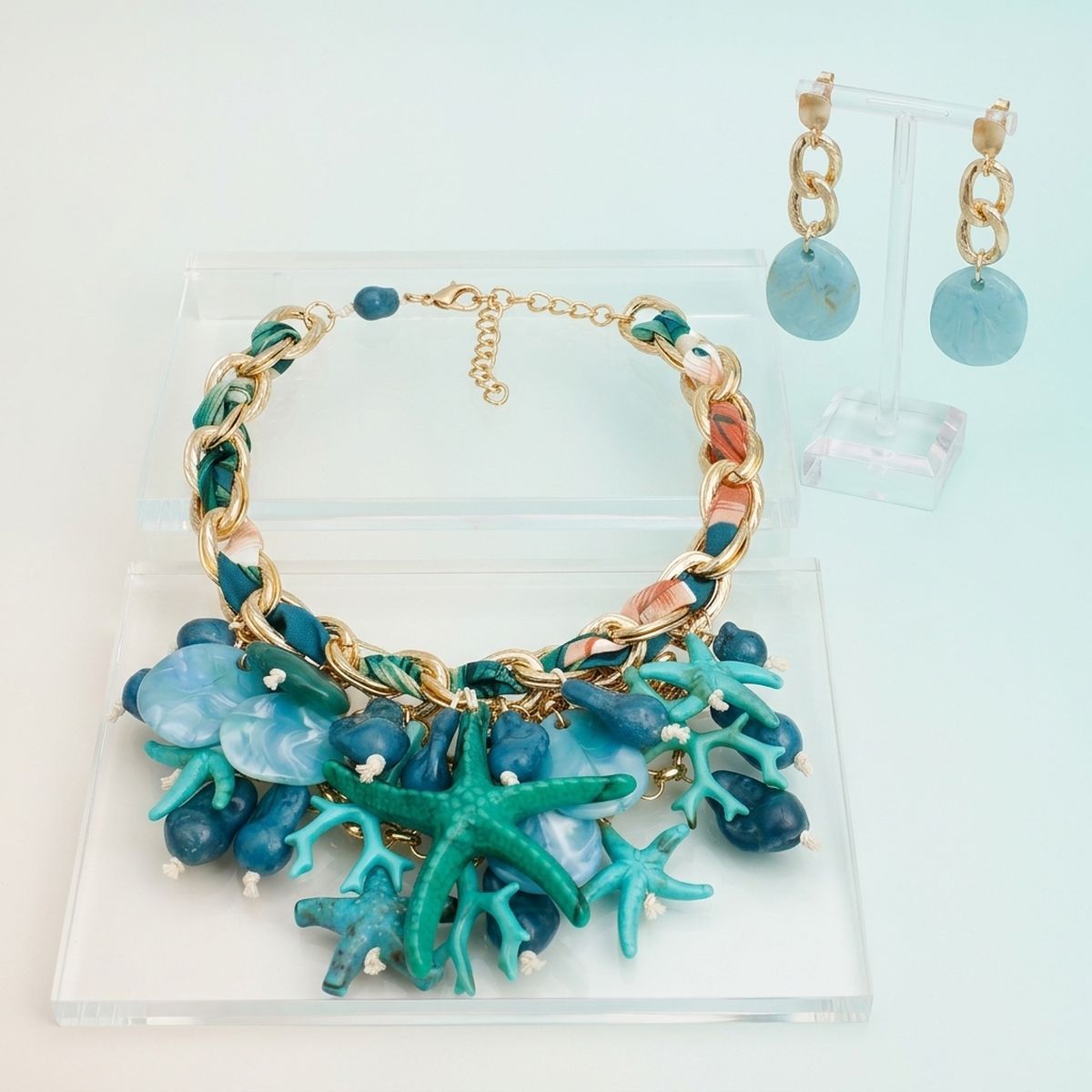 Turquoise Coral Starfish Bib Necklace Set