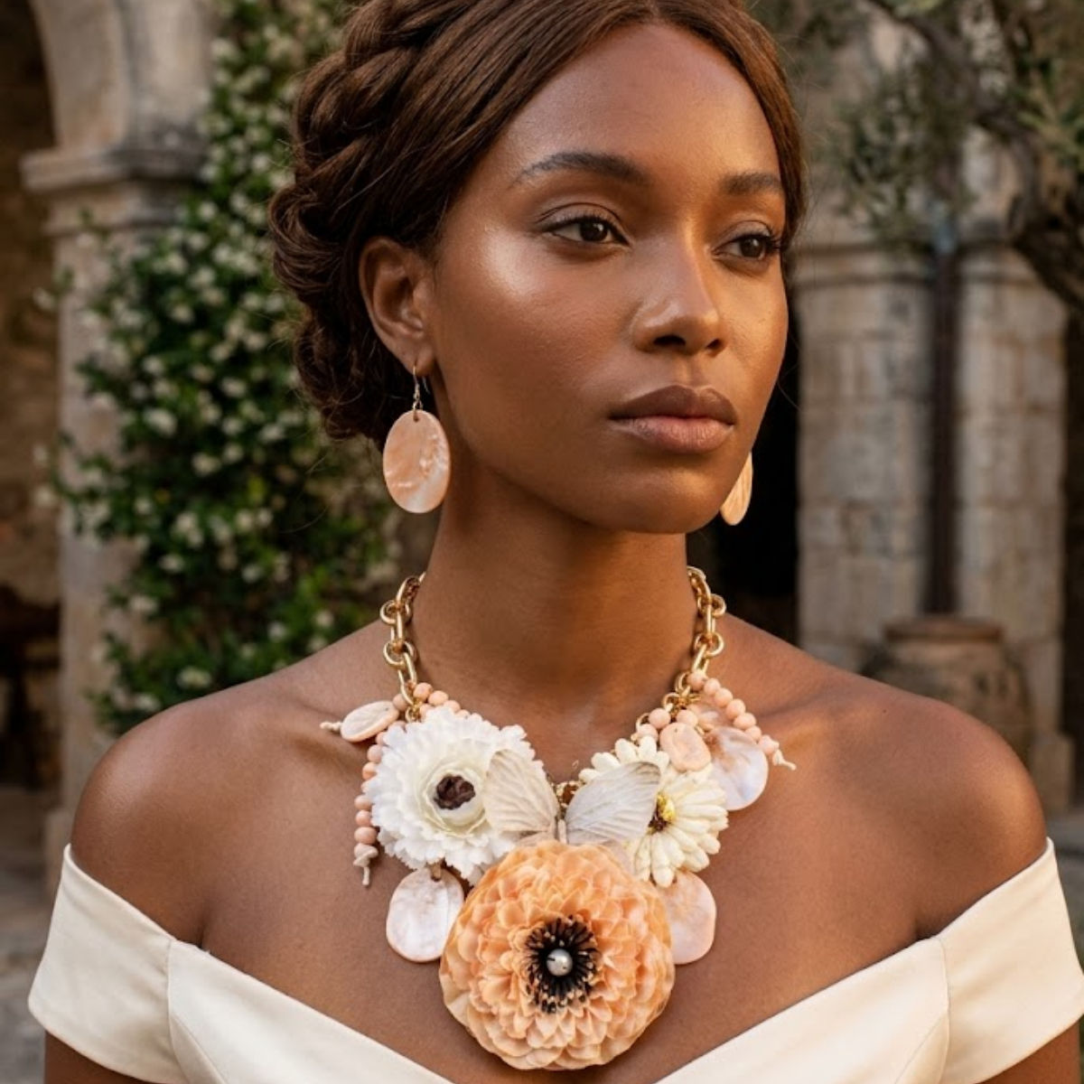 Floral Butterfly Bib Necklace Set | Ivory Peony & Peach Statement Piece