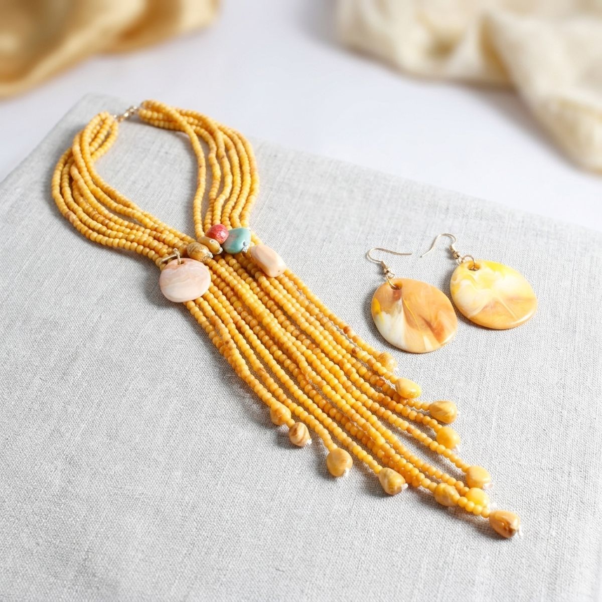 Mustard & Stone Beaded Tassel Y Necklace Set with Earrings