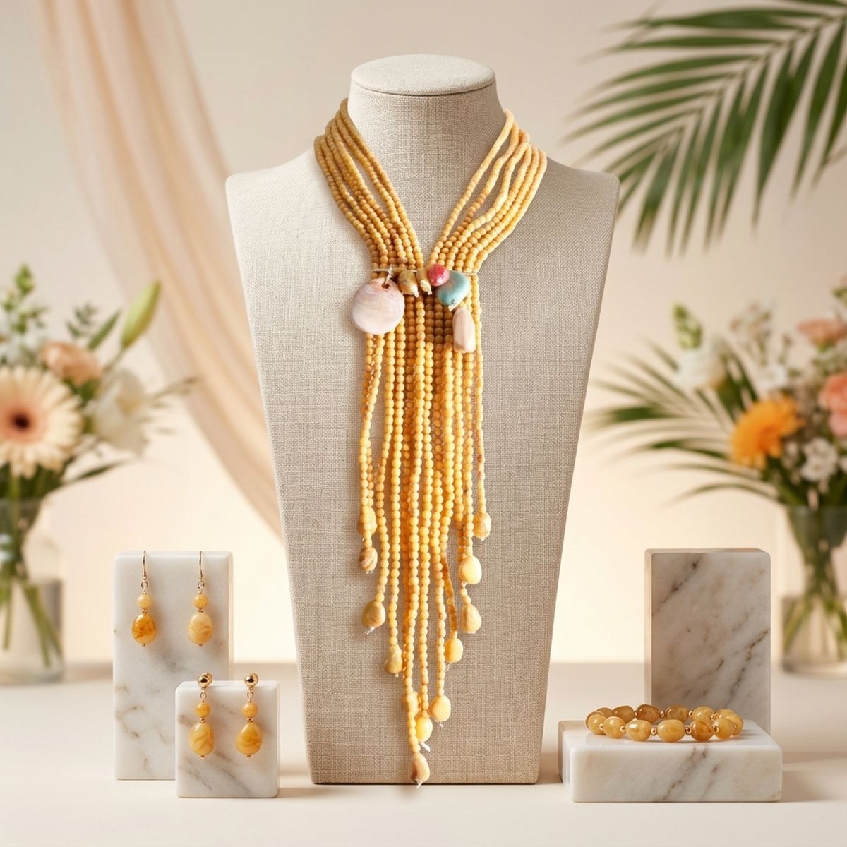 Mustard & Stone Beaded Tassel Y Necklace Set with Earrings