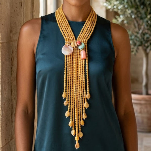 Mustard & Stone Beaded Tassel Y Necklace Set with Earrings