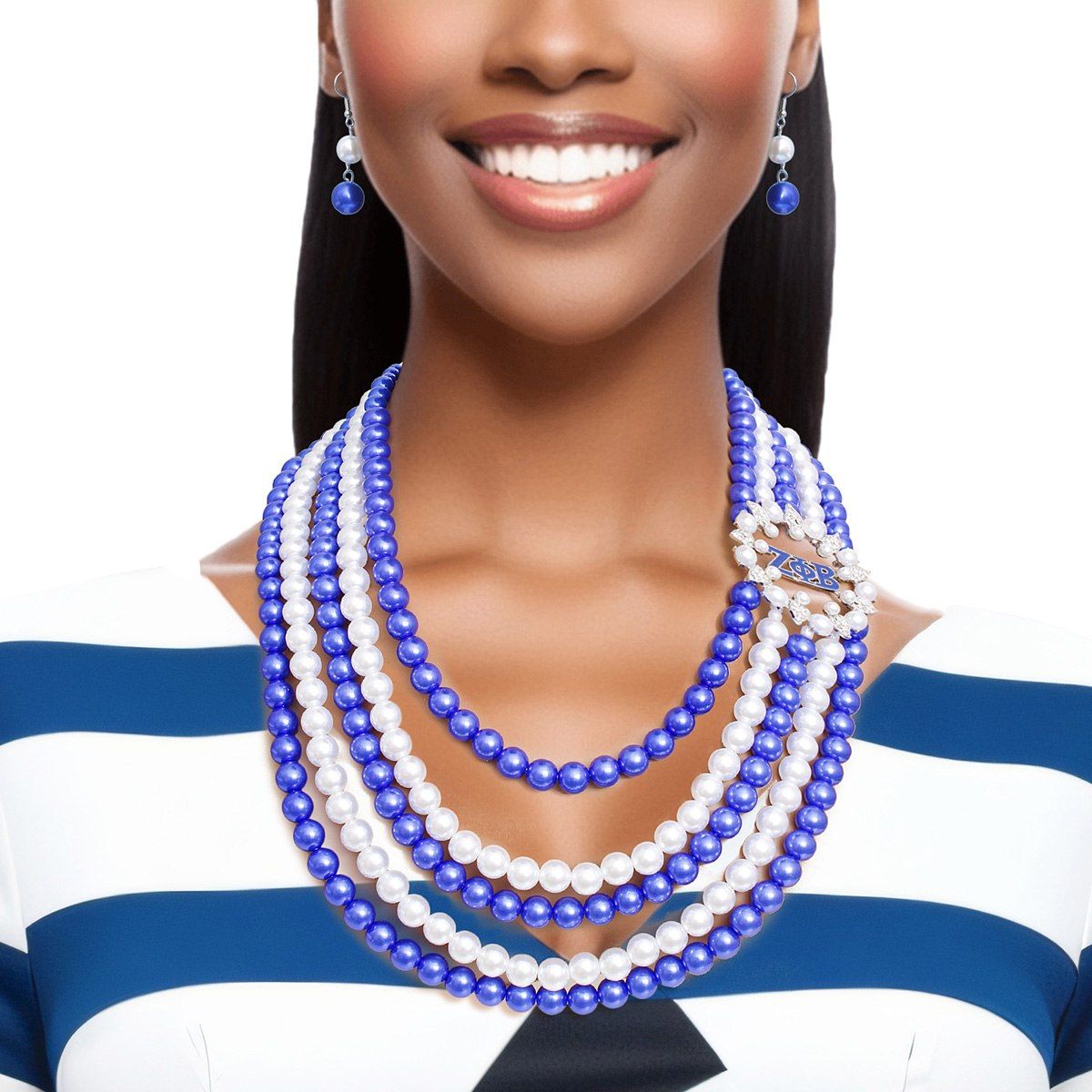 ZPB Blue & White Pearl Layered Necklace & Earring Set