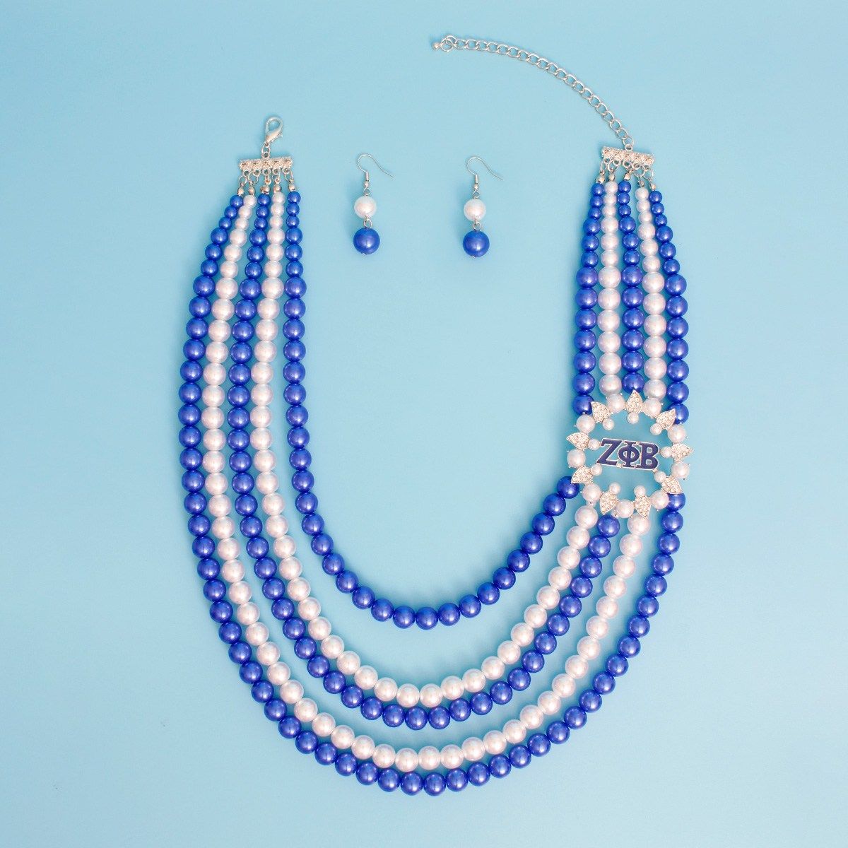 ZPB Blue & White Pearl Layered Necklace & Earring Set