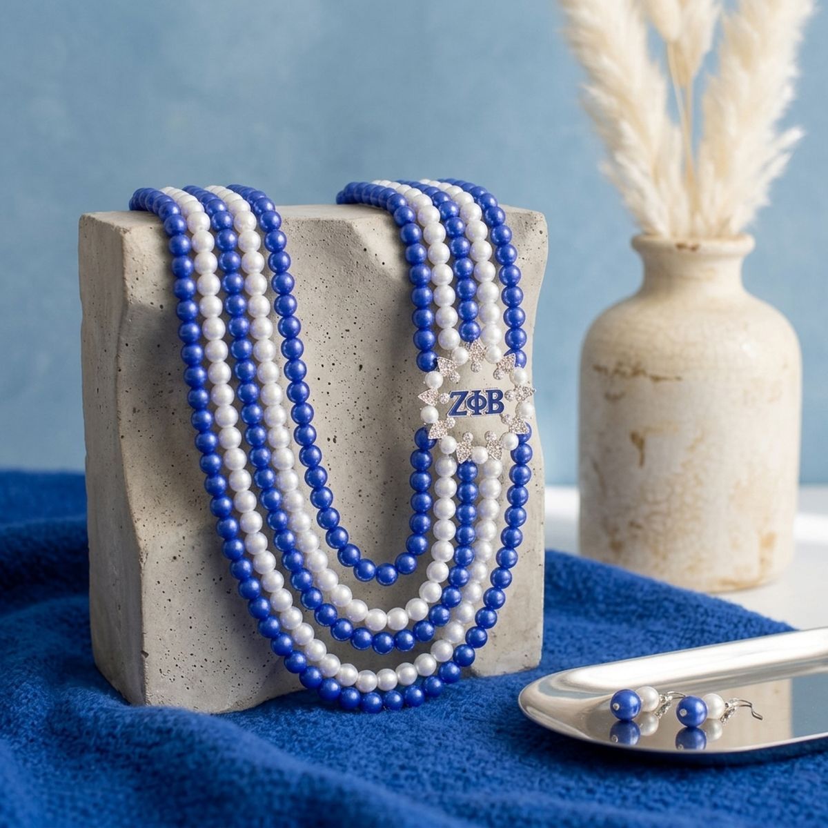 ZPB Blue & White Pearl Layered Necklace & Earring Set