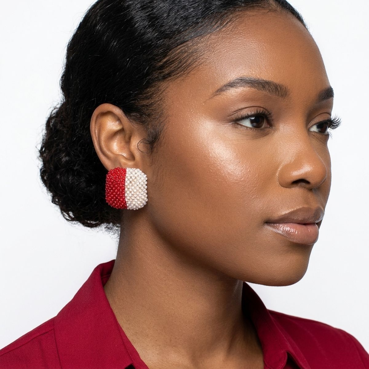 DST Red and White Square Pearl Stone Stud Earrings