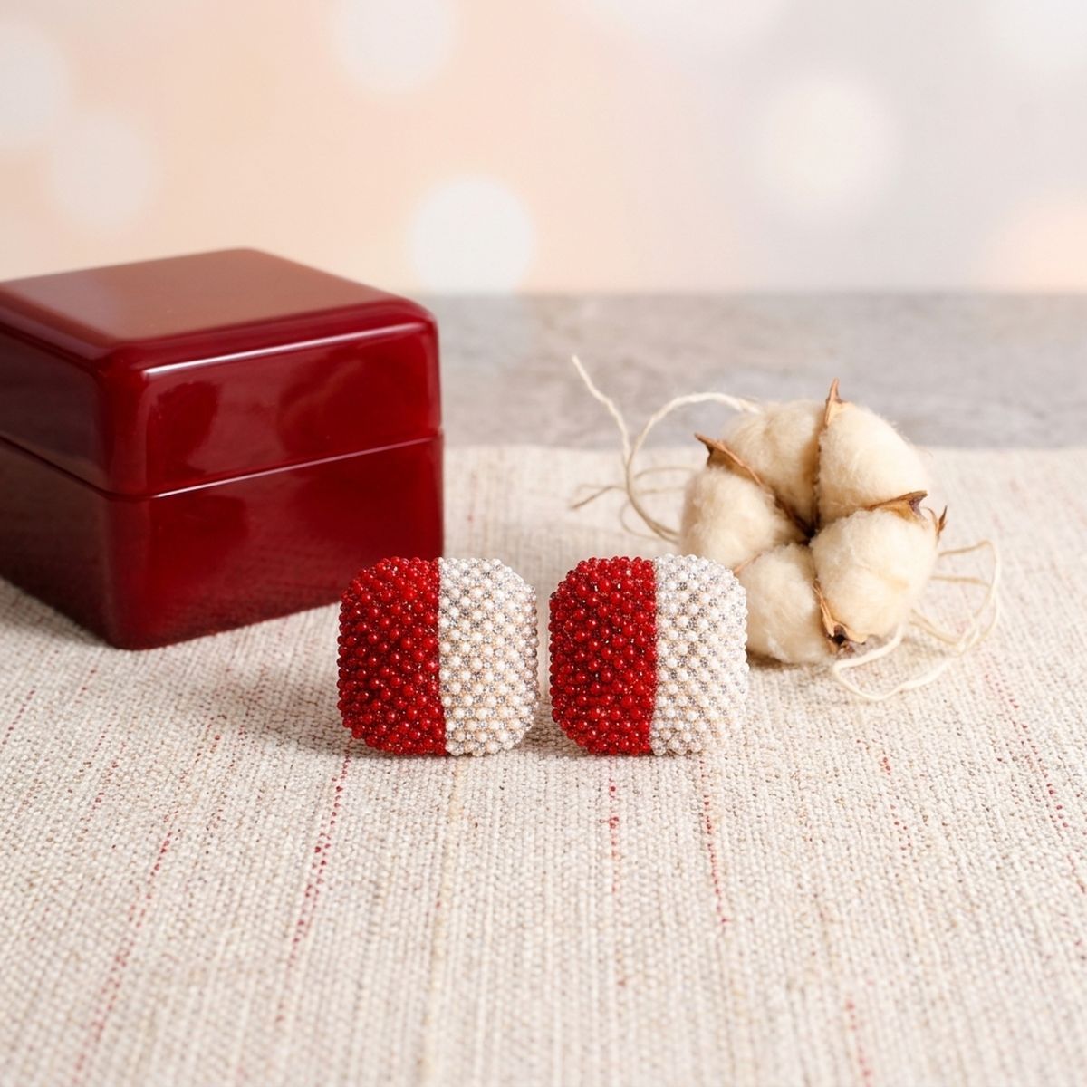DST Red and White Square Pearl Stone Stud Earrings