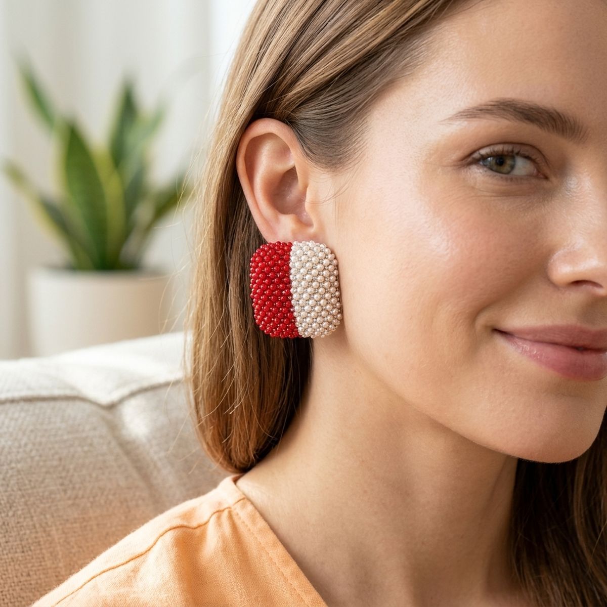 DST Red and White Square Pearl Stone Stud Earrings