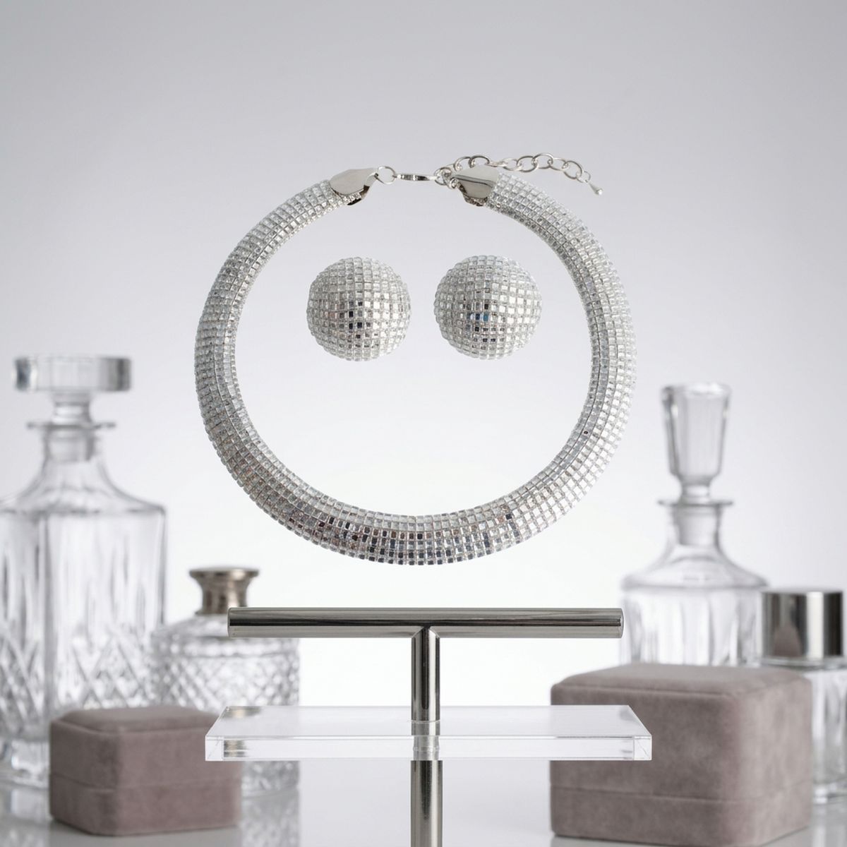 Silver Clear Stone 6 Row Disco Ball Collar Necklace Set