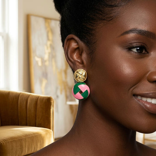 AKA Sorority Pink & Green Domed Woven Drop Earrings – 14K Gold