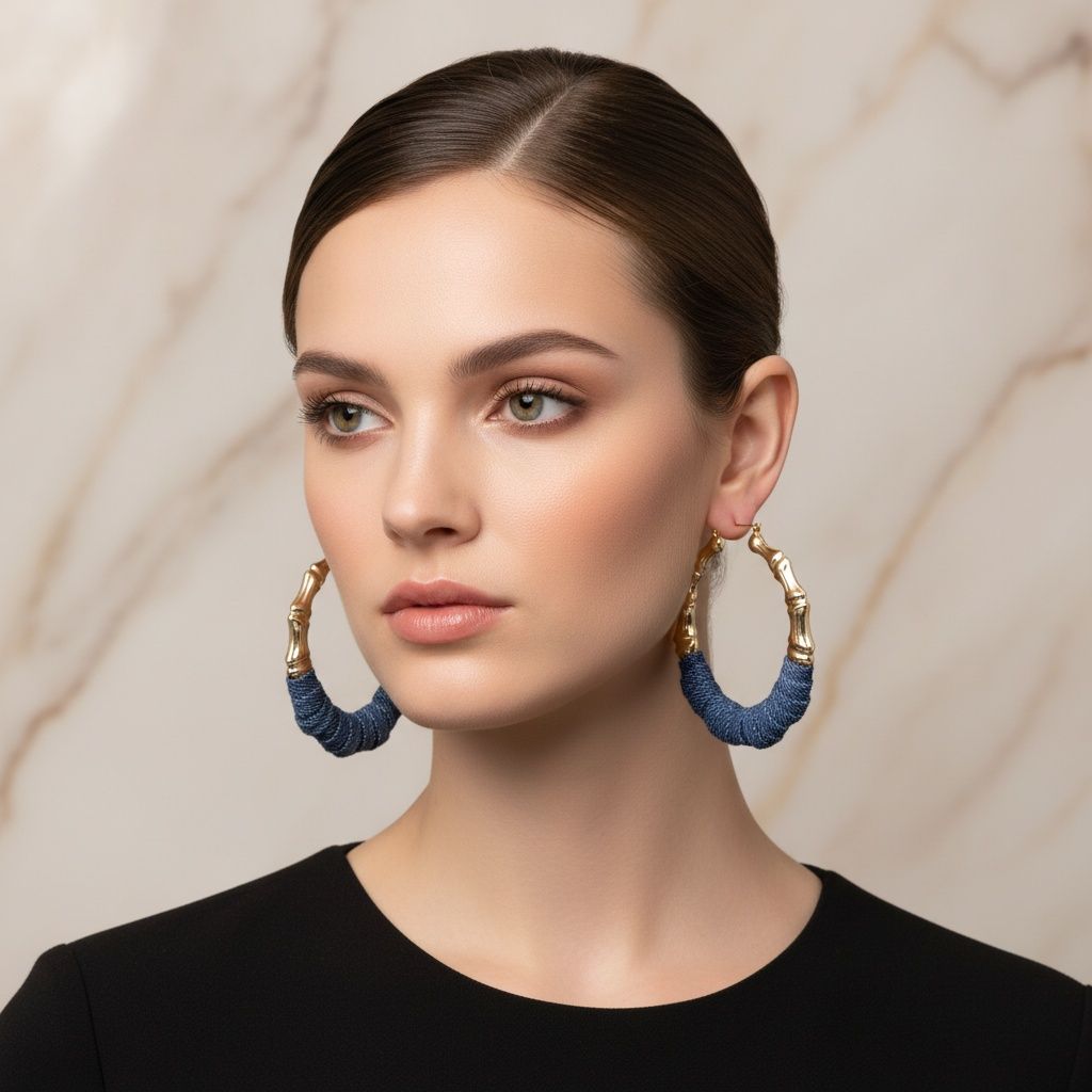 Gold Bamboo Hoop Earrings with Denim Wrap Accent