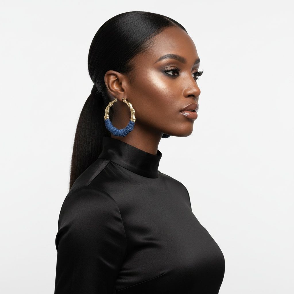 Gold Bamboo Hoop Earrings with Denim Wrap Accent