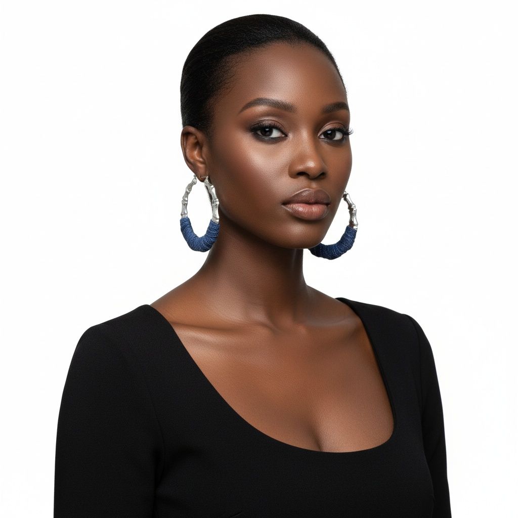 Silver Bamboo Hoop Earrings with Denim Wrap Accent