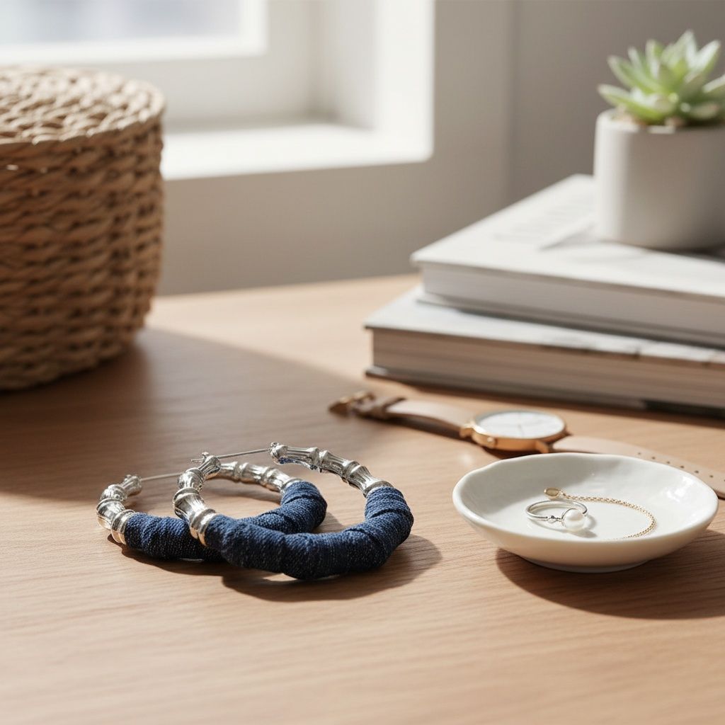 Silver Bamboo Hoop Earrings with Denim Wrap Accent