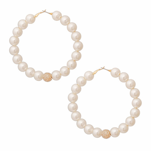 Cream Pearl and Rhinestone Gold Hoop Earrings
