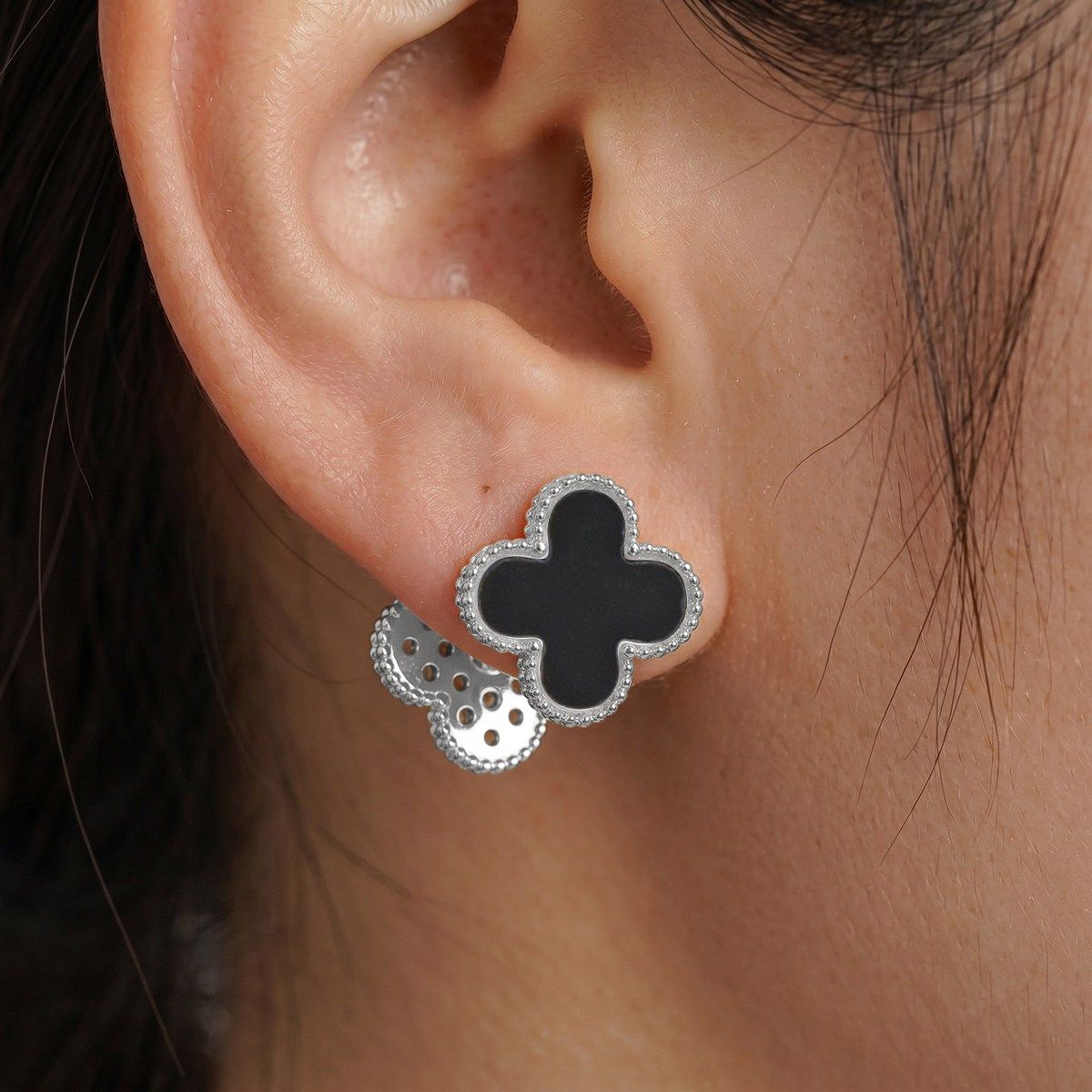 Black Clover Silver Stud Earrings with Omega Back