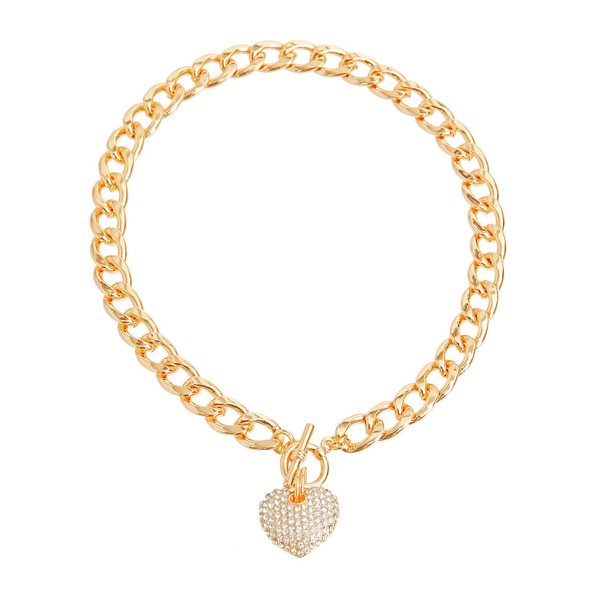Gold Rhinestone Heart Charm Toggle Necklace