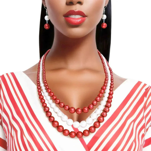 Delta Sigma Theta DST Red & White 3-Strand Pearl Necklace & Earring Set