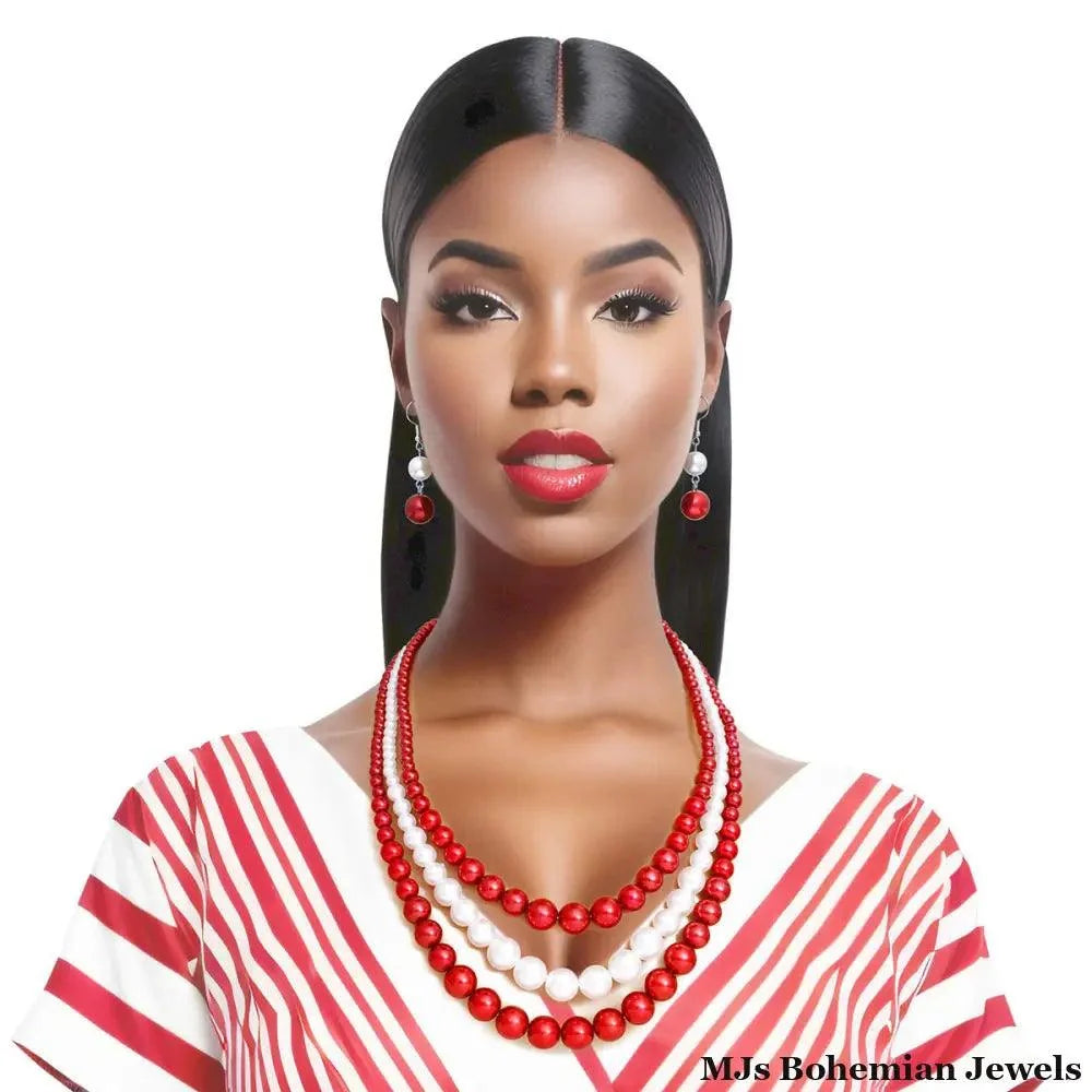 Delta Sigma Theta DST Red & White 3-Strand Pearl Necklace & Earring Set