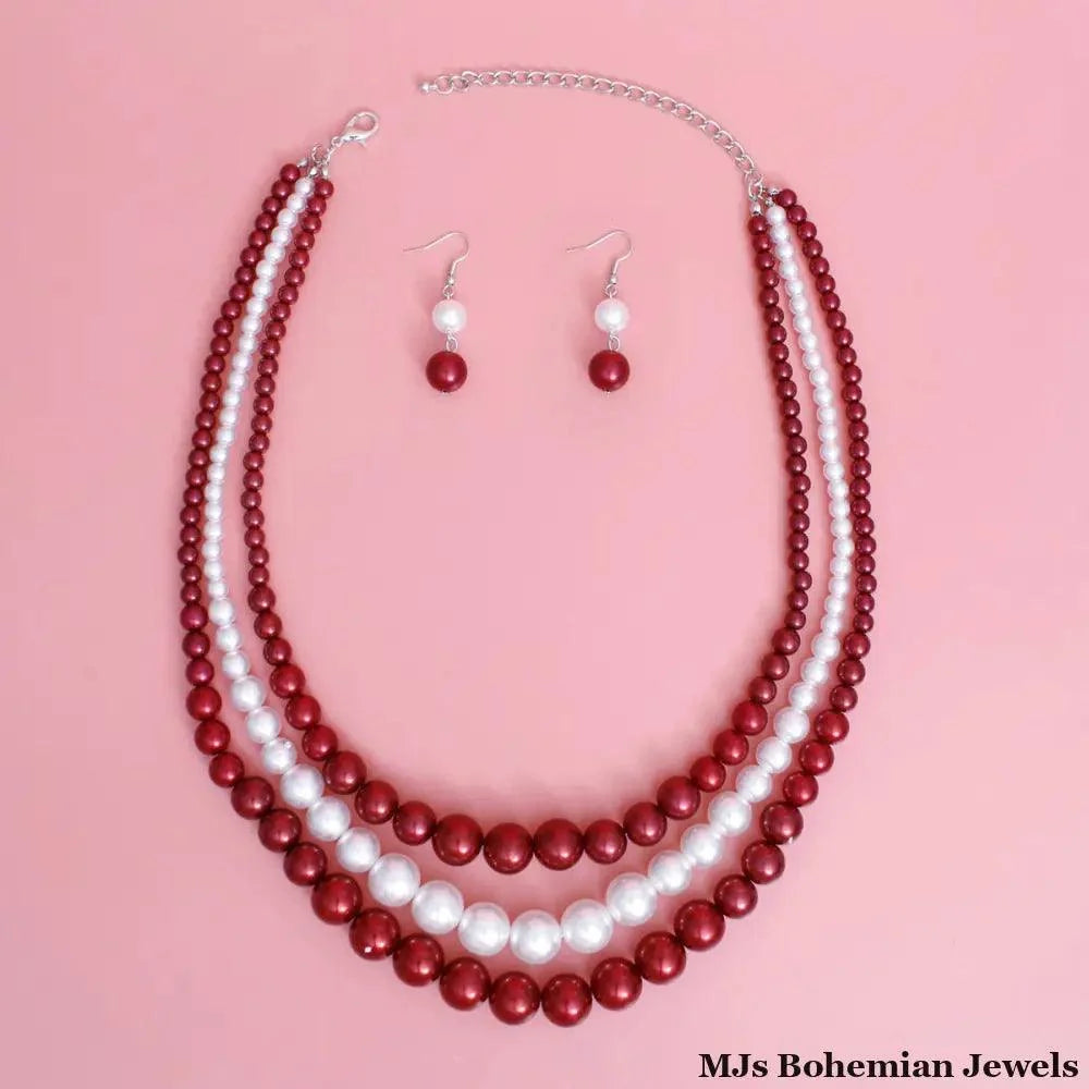 Delta Sigma Theta DST Red & White 3-Strand Pearl Necklace & Earring Set