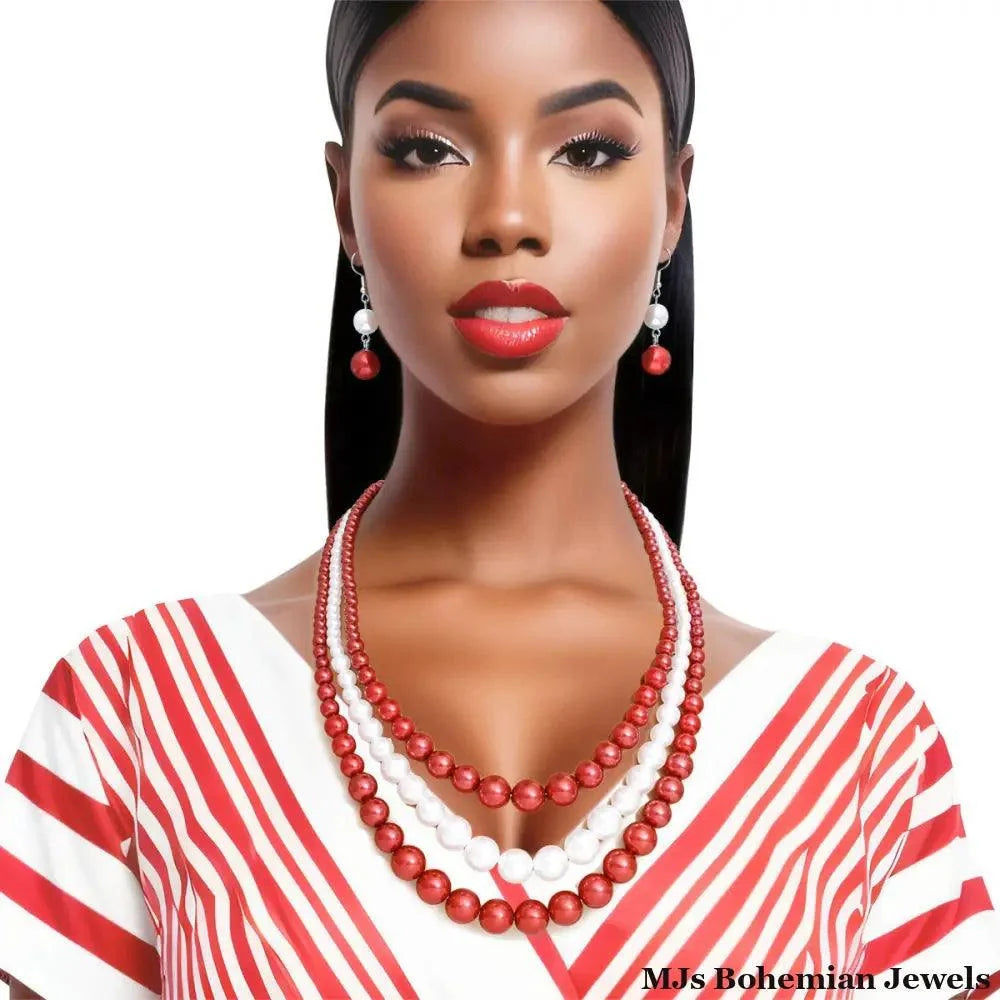 Delta Sigma Theta DST Red & White 3-Strand Pearl Necklace & Earring Set